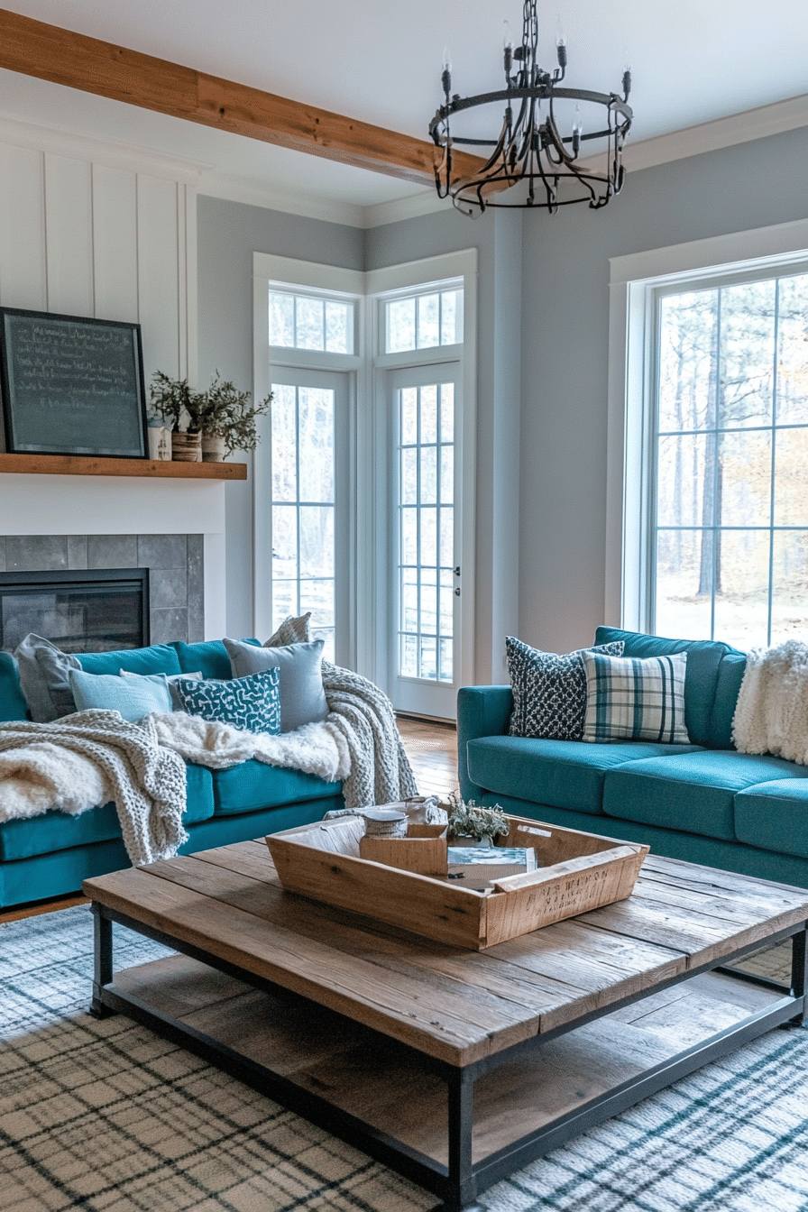 13. Farmhouse Cozy with Teal Plaid and Weathered Grey Wood (Teal And Grey Living Room Ideas) - Teal And Grey Living Room Ideas