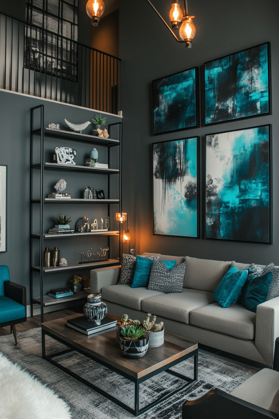 14. Urban Loft with Bold Teal Graffiti Art and Charcoal Grey Walls (Teal And Grey Living Room Ideas) - Teal And Grey Living Room Ideas