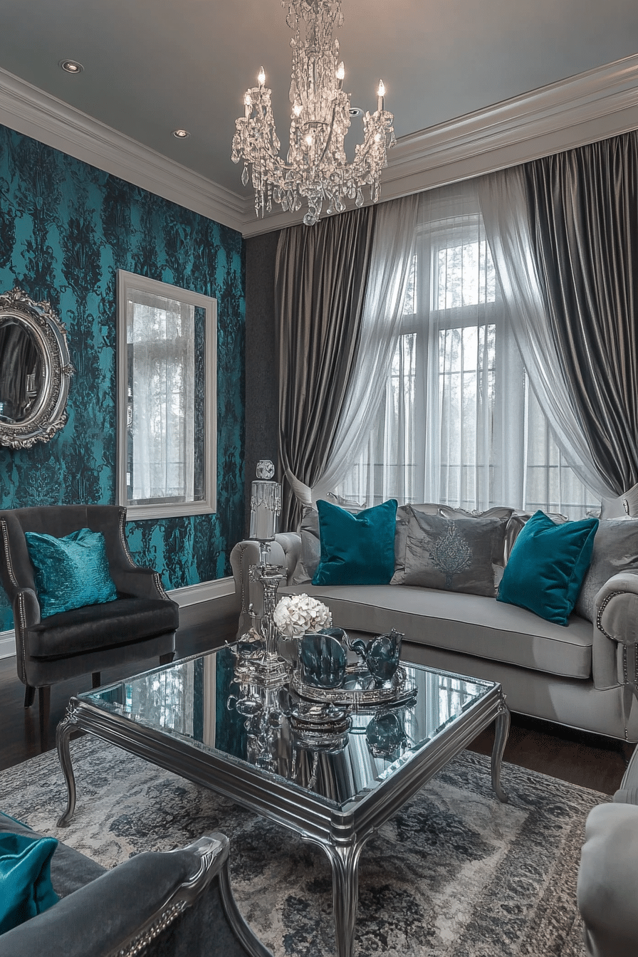 15. Regal Opulence with Teal Brocade and Silver Grey Accents (Teal And Grey Living Room Ideas) - Teal And Grey Living Room Ideas