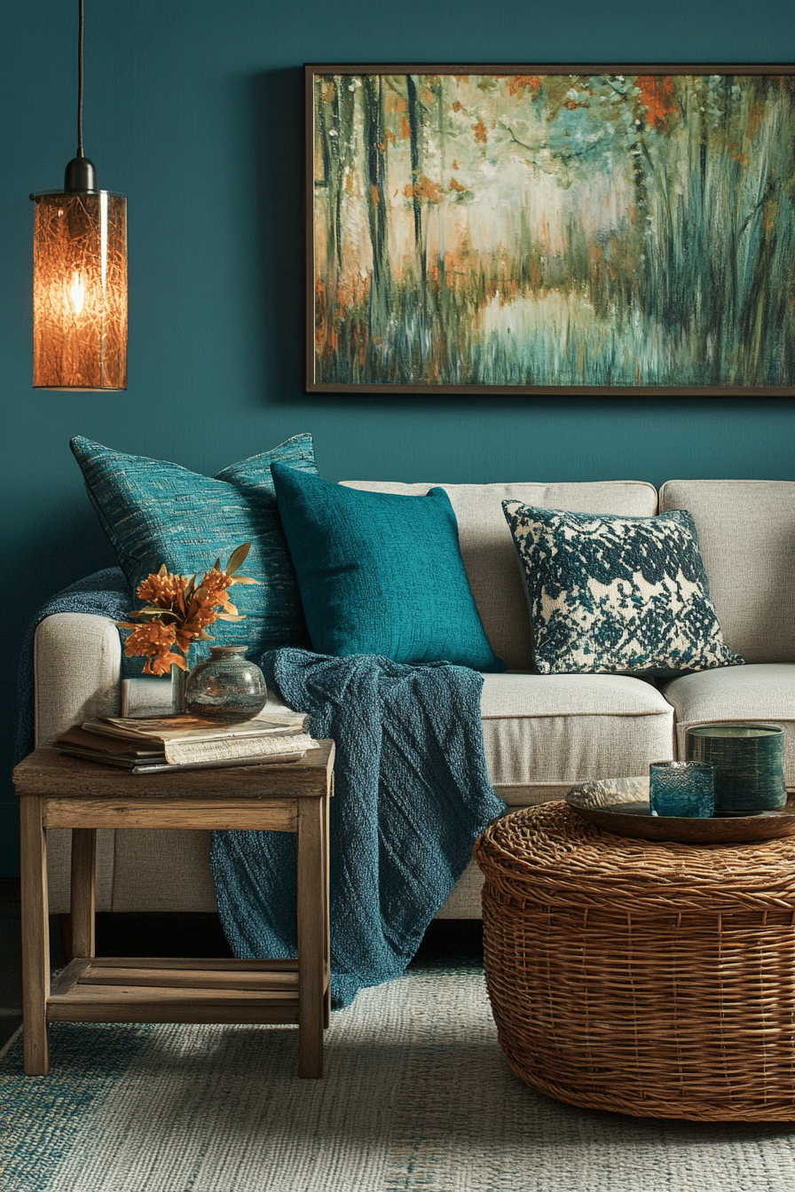 16. Nature-Inspired Harmony with Forest Teal and Soft Grey (Teal And Grey Living Room Ideas) - Teal And Grey Living Room Ideas