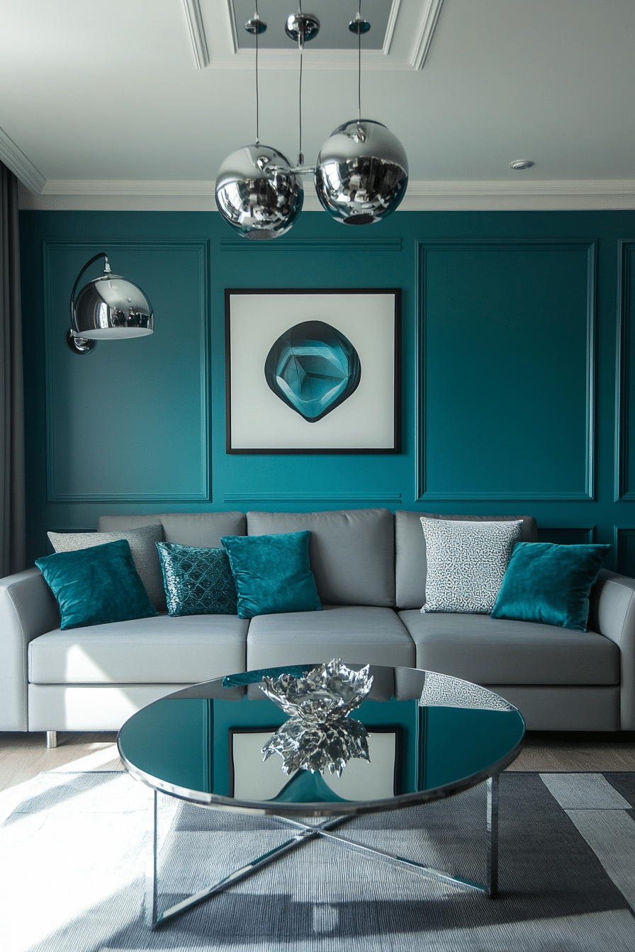 17. Futuristic Flair with High-Gloss Teal and Metallic Grey (Teal And Grey Living Room Ideas) - Teal And Grey Living Room Ideas