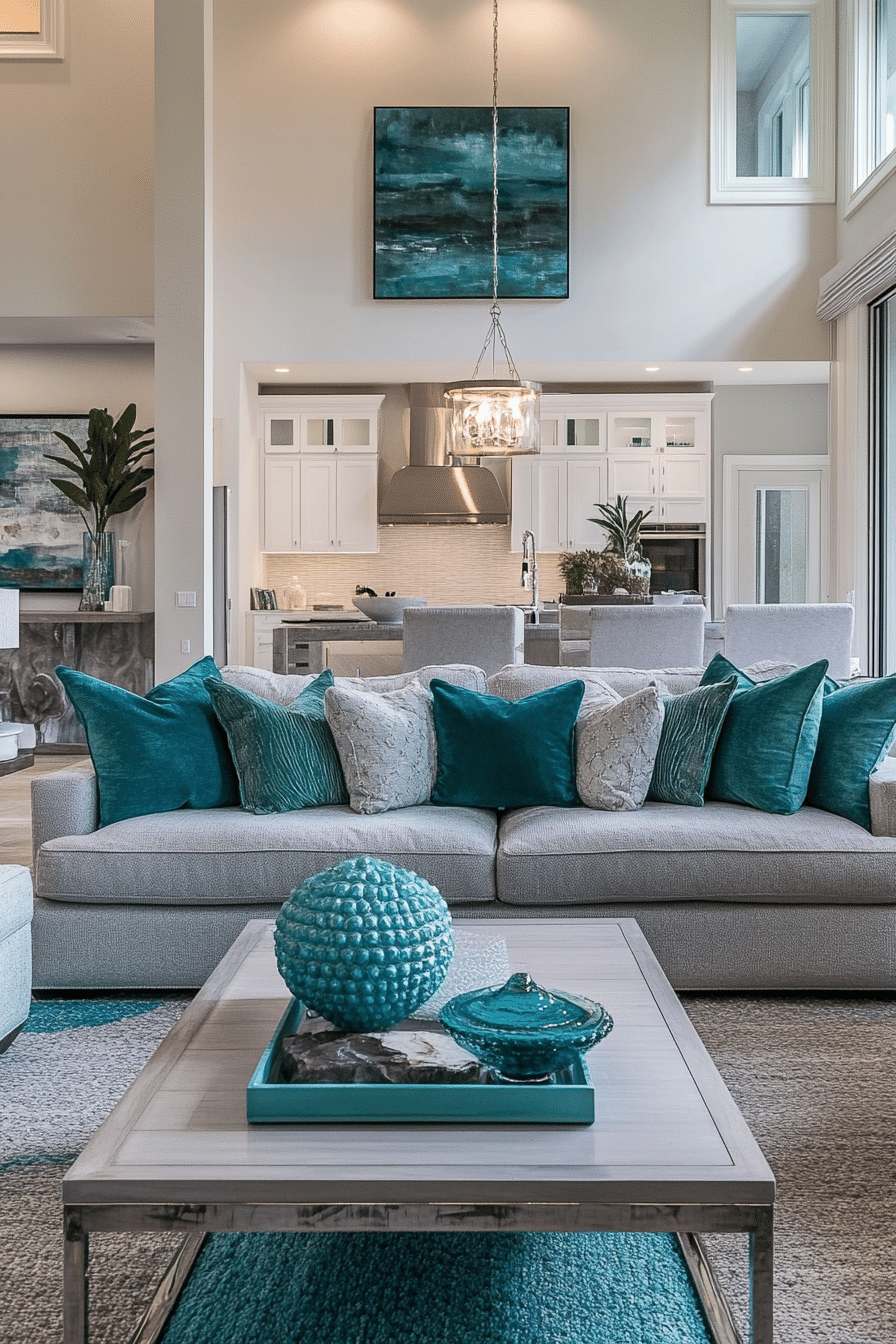 21. Tropical Escape with Aqua Teal and Light Grey (Teal And Grey Living Room Ideas) - Teal And Grey Living Room Ideas