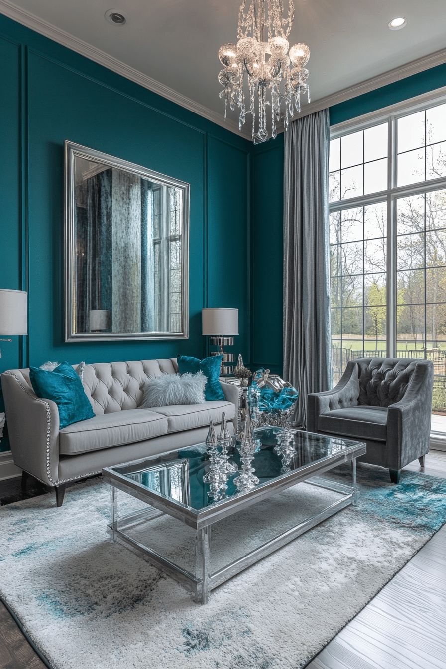 22. Hollywood Glam with Glossy Teal and Slate Grey Furniture (Teal And Grey Living Room Ideas) - Teal And Grey Living Room Ideas
