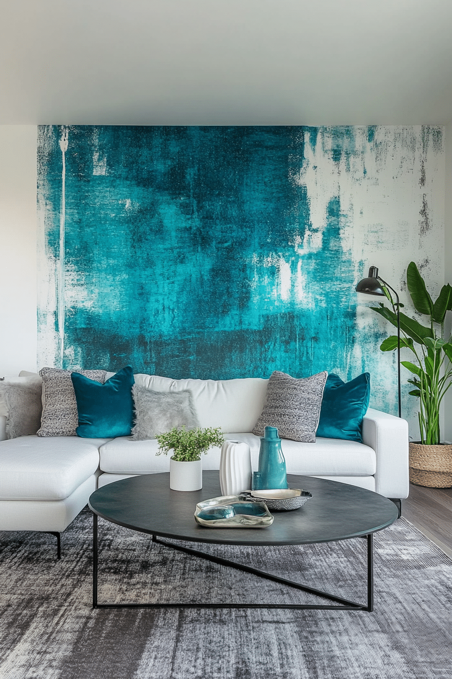 23. Artistic Expression with Teal Abstract Murals and Charcoal Grey Details (Teal And Grey Living Room Ideas) - Teal And Grey Living Room Ideas