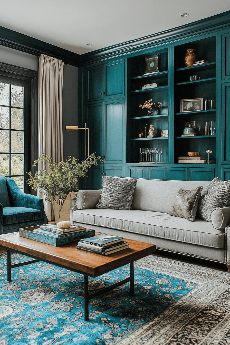 24. Traditional Charm with Antique Teal Cabinets and Classic Grey Seating (Teal And Grey Living Room Ideas) - Teal And Grey Living Room Ideas