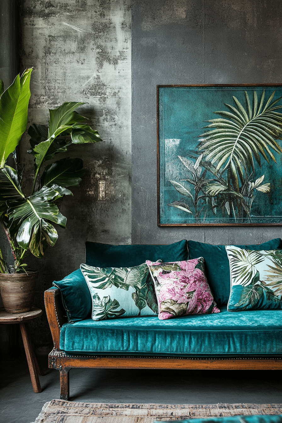 25. Urban Jungle with Teal Foliage and Grey Concrete Walls (Teal And Grey Living Room Ideas) - Teal And Grey Living Room Ideas