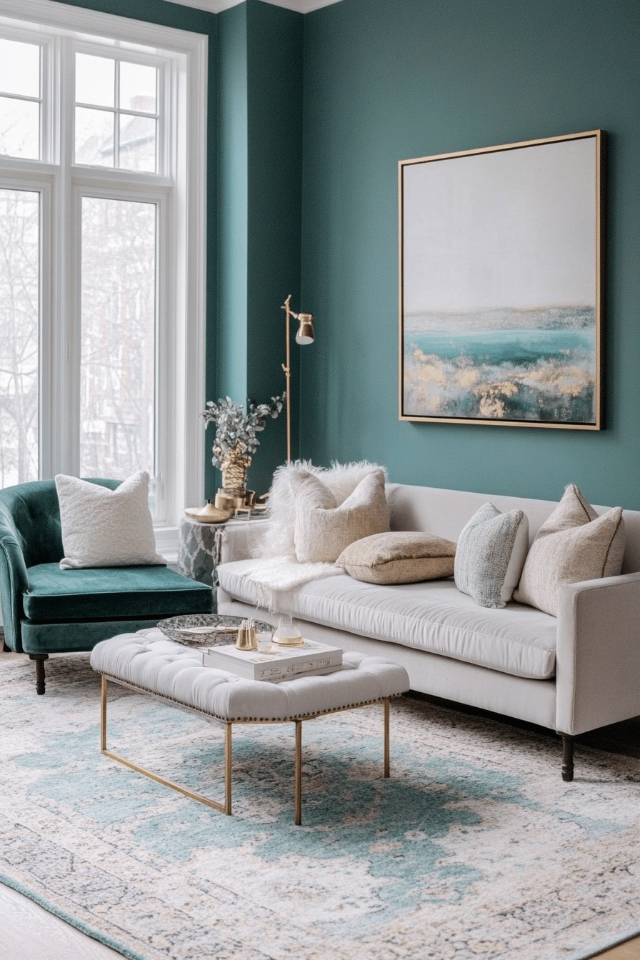 26. Feminine Sophistication with Dusty Teal and Light Grey Velvet (Teal And Grey Living Room Ideas) - Teal And Grey Living Room Ideas