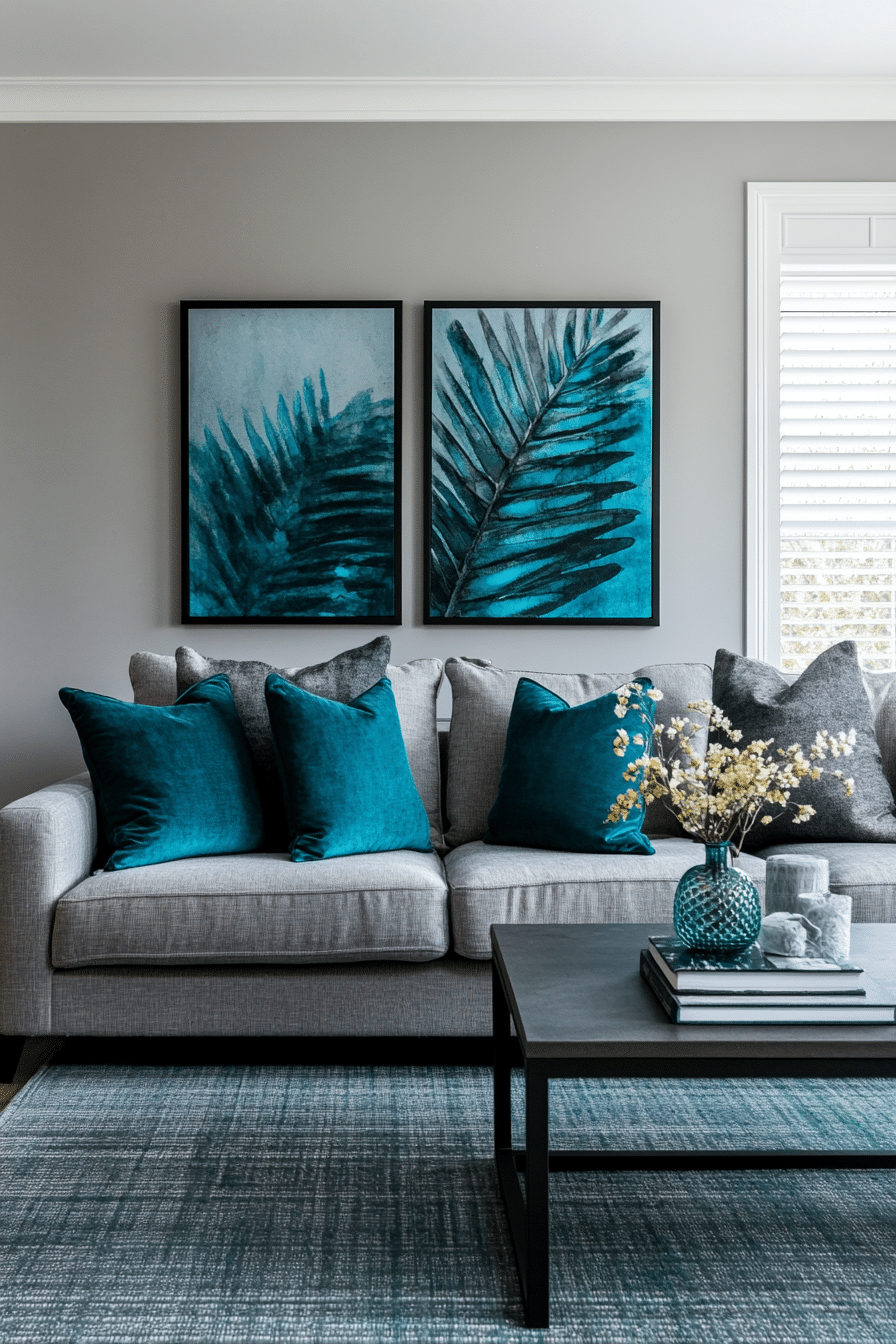 27. Textured Elegance with Woven Teal Accents and Slate Grey Walls (Teal And Grey Living Room Ideas) - Teal And Grey Living Room Ideas