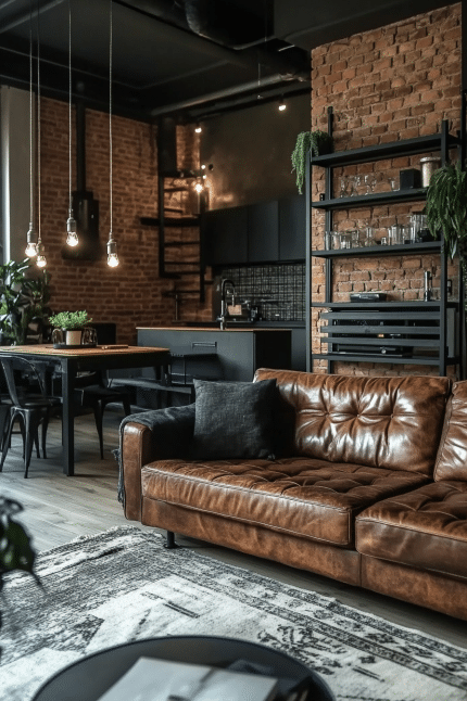 1. Modern Industrial Loft (Brown Leather Sofa Living Room Ideas) - Brown Leather Sofa Living Room Ideas