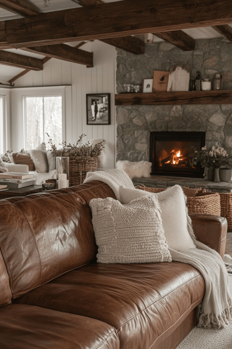 2. Rustic Country Retreat (Brown Leather Sofa Living Room Ideas) - Brown Leather Sofa Living Room Ideas