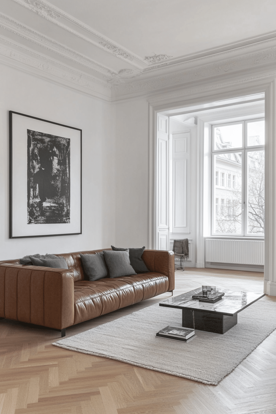 4. Minimalist Scandinavian Touch (Brown Leather Sofa Living Room Ideas) - Brown Leather Sofa Living Room Ideas