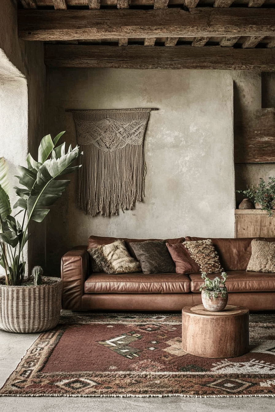 5. Earthy Bohemian Haven (Brown Leather Sofa Living Room Ideas) - Brown Leather Sofa Living Room Ideas