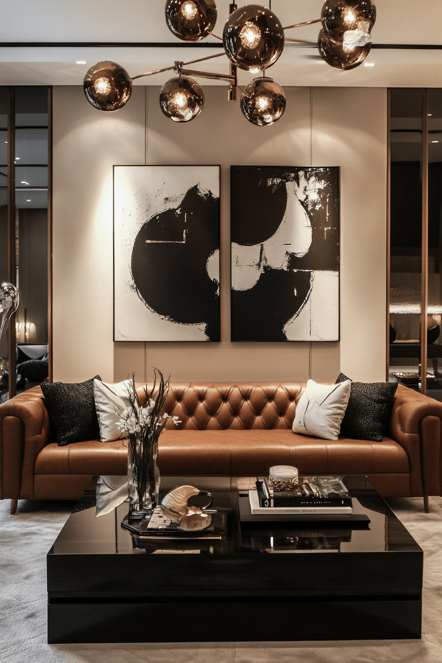 6. Contemporary Monochrome Chic (Brown Leather Sofa Living Room Ideas) - Brown Leather Sofa Living Room Ideas