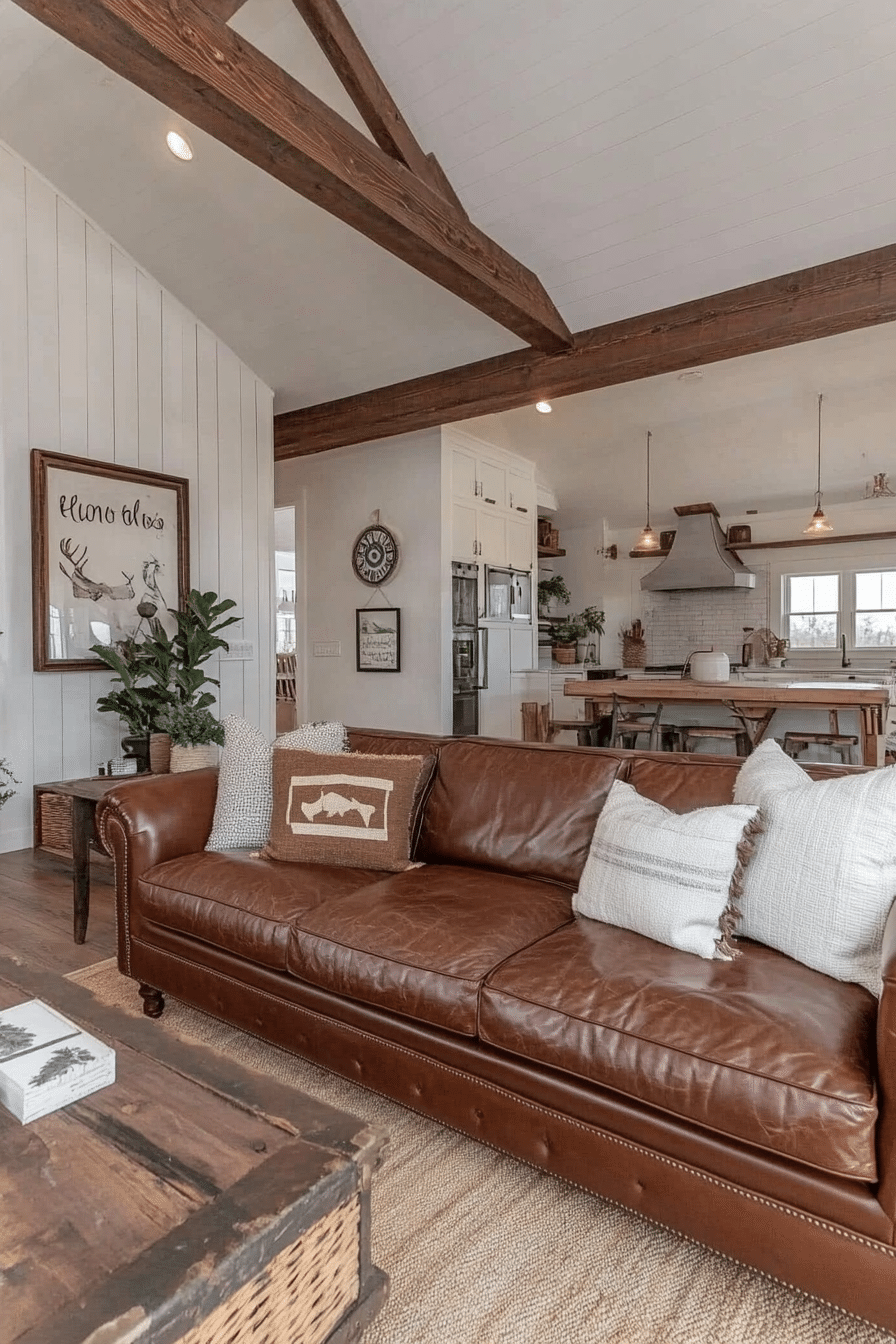 7. Cozy Farmhouse Charm (Brown Leather Sofa Living Room Ideas) - Brown Leather Sofa Living Room Ideas