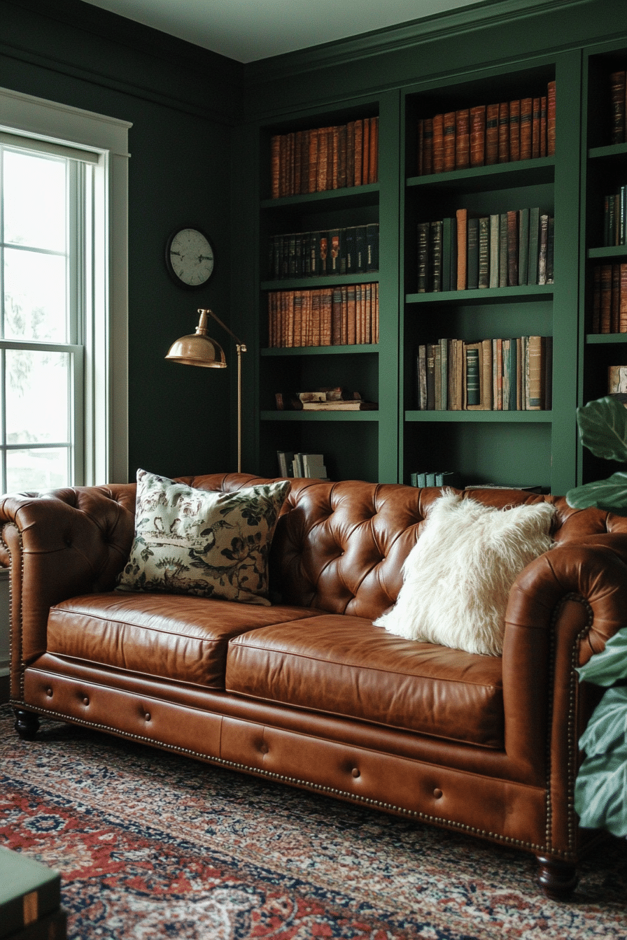 9. Luxury Dark Academia (Brown Leather Sofa Living Room Ideas) - Brown Leather Sofa Living Room Ideas