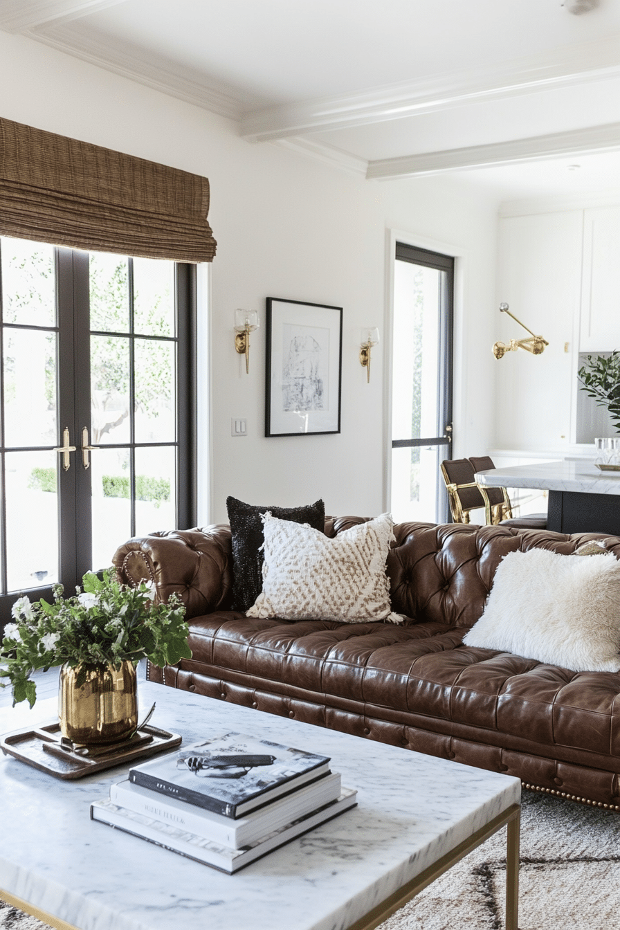 17. Sophisticated Urban Glam (Brown Leather Sofa Living Room Ideas) - Brown Leather Sofa Living Room Ideas