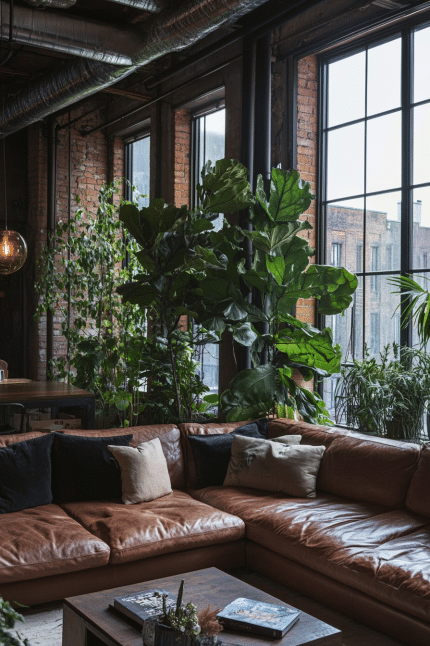 18. Industrial Loft with Greenery (Brown Leather Sofa Living Room Ideas) - Brown Leather Sofa Living Room Ideas