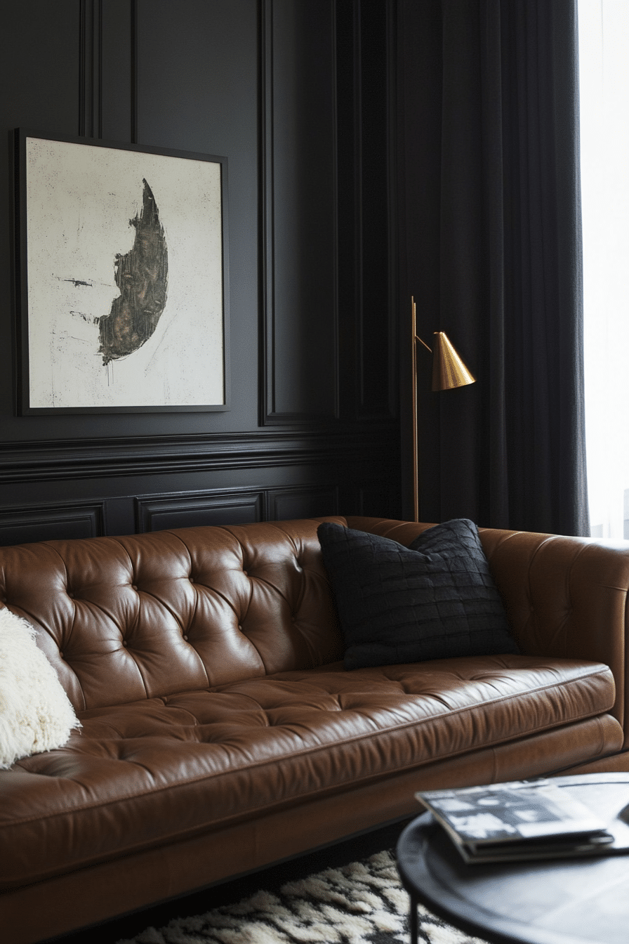 21. Rich & Moody Luxe (Brown Leather Sofa Living Room Ideas) - Brown Leather Sofa Living Room Ideas