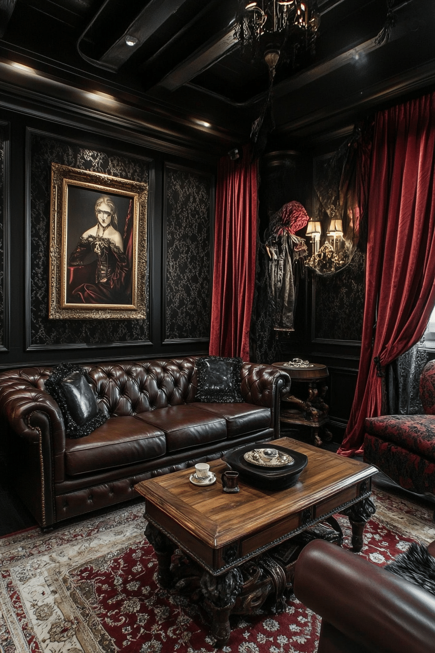 24. Dark & Dramatic Gothic Touch (Brown Leather Sofa Living Room Ideas) - Brown Leather Sofa Living Room Ideas