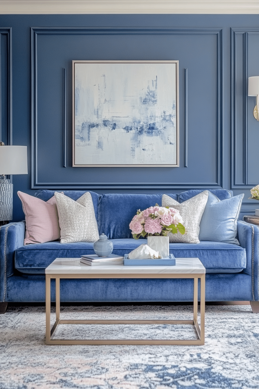 21. Soft Royal Blue and Blush Tones (Royal Blue Living Room Ideas) - Royal Blue Living Room Ideas