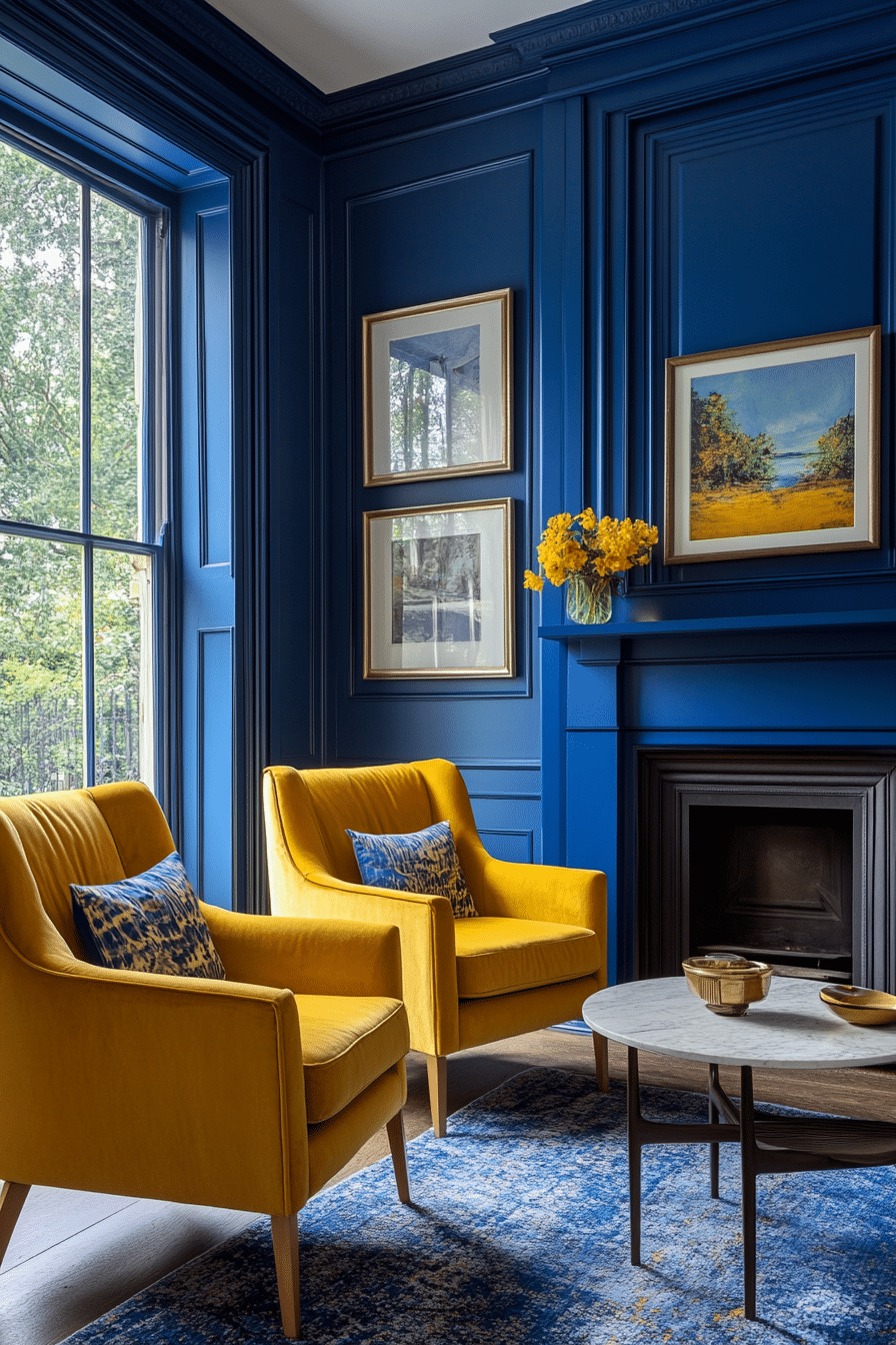 27. Chic Royal Blue and Mustard Contrast (Royal Blue Living Room Ideas) - Royal Blue Living Room Ideas