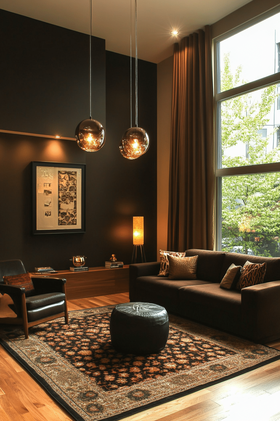 7. Contemporary Walnut and Ink Black Contrast (Brown And Black Living Room Ideas) - Brown And Black Living Room Ideas