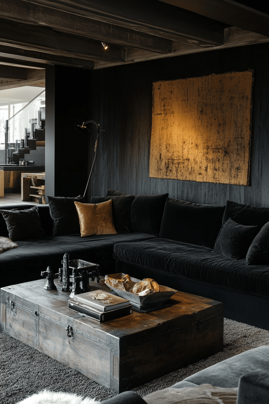 14. Dramatic Black and Dark Oak Fusion (Brown And Black Living Room Ideas) - Brown And Black Living Room Ideas