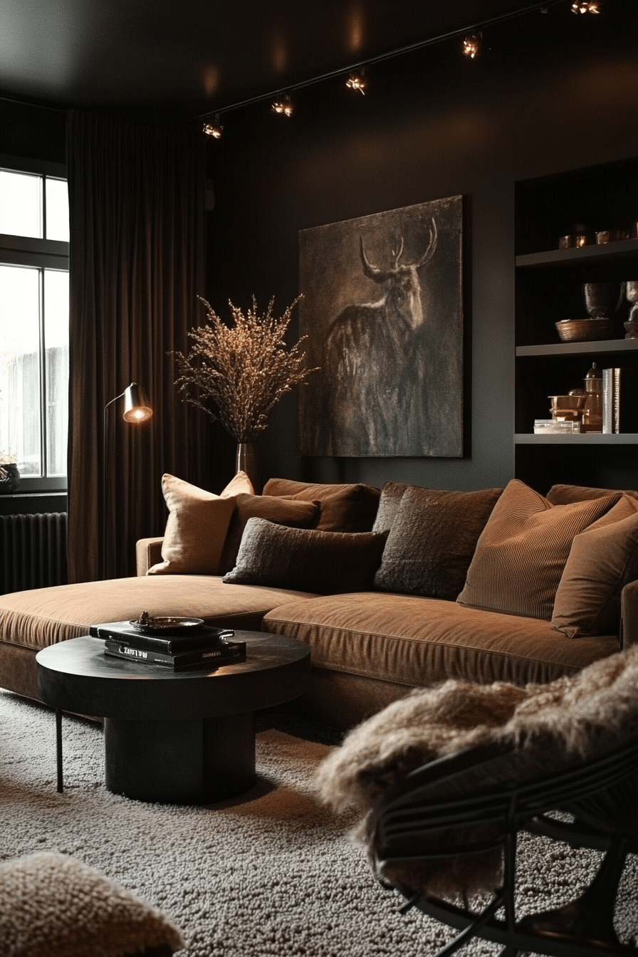 15. Cozy Coffee and Matte Black Retreat (Brown And Black Living Room Ideas) - Brown And Black Living Room Ideas