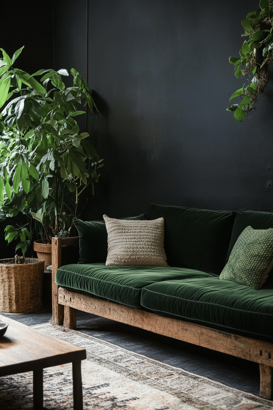 8. Black Botanical Bliss (Black Living Room Ideas) - Black Living Room Ideas