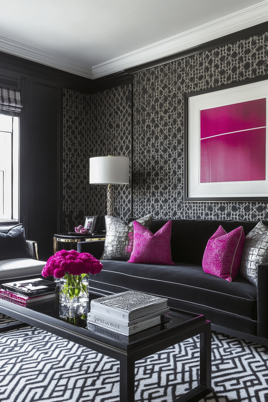 10. Contemporary Geometric Patterns (Black Living Room Ideas) - Black Living Room Ideas