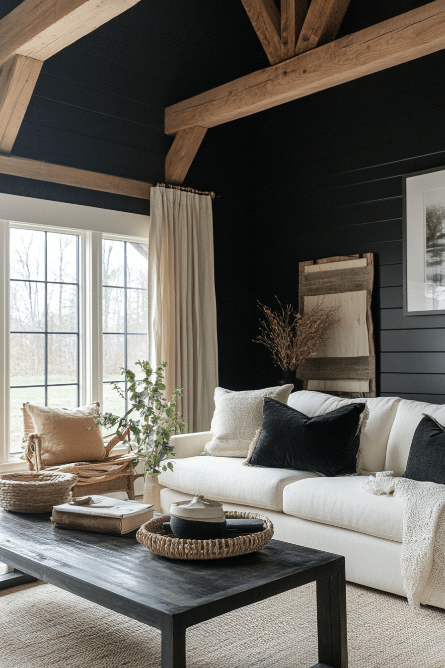 11. Modern Farmhouse Drama (Black Living Room Ideas) - Black Living Room Ideas