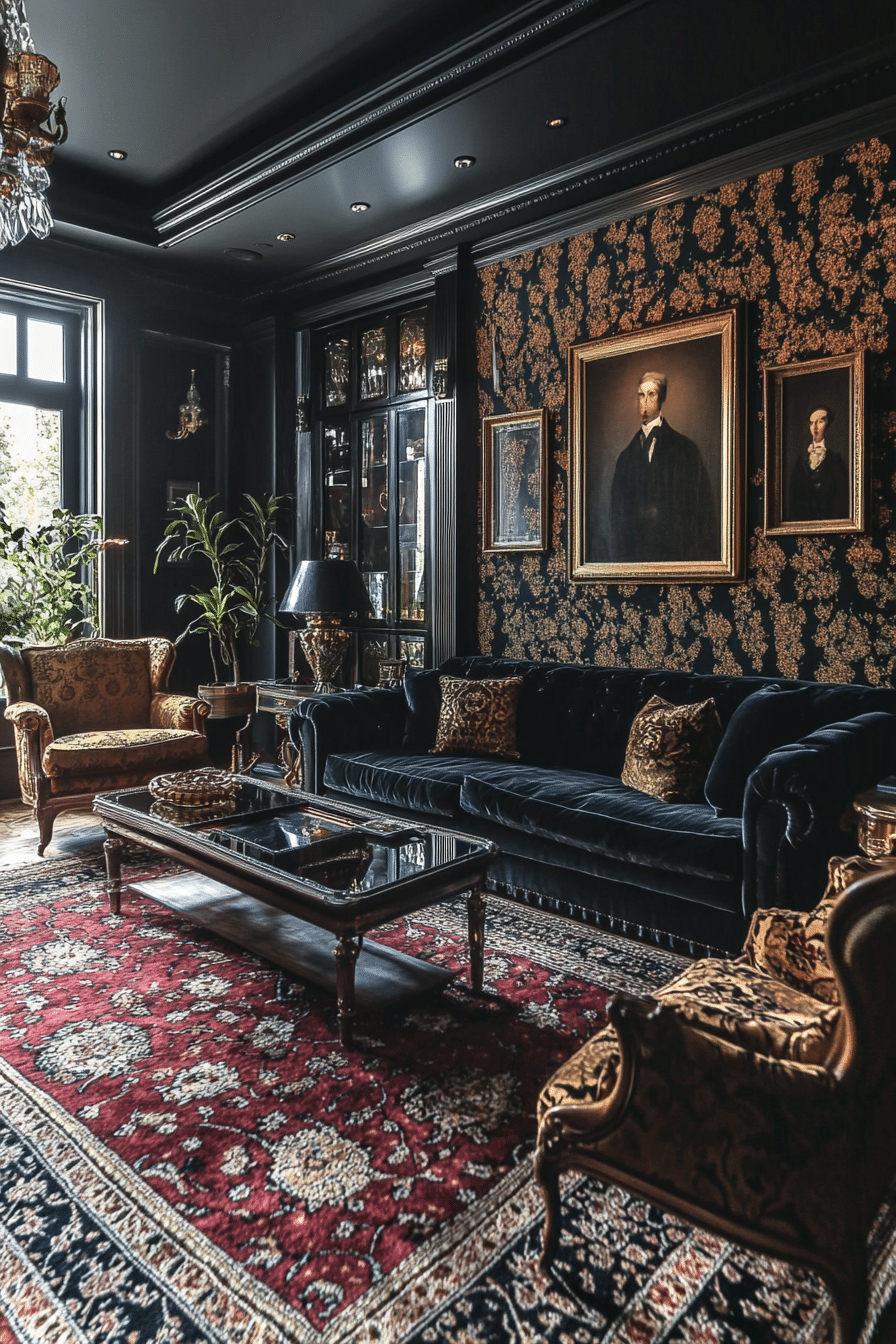 13. Vintage Noir Charm (Black Living Room Ideas) - Black Living Room Ideas
