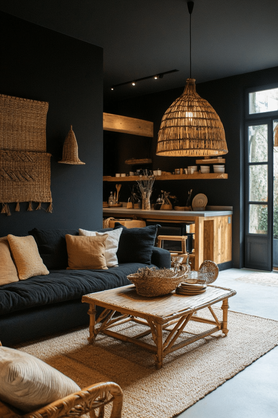 14. Black and Earthy Harmony (Black Living Room Ideas) - Black Living Room Ideas