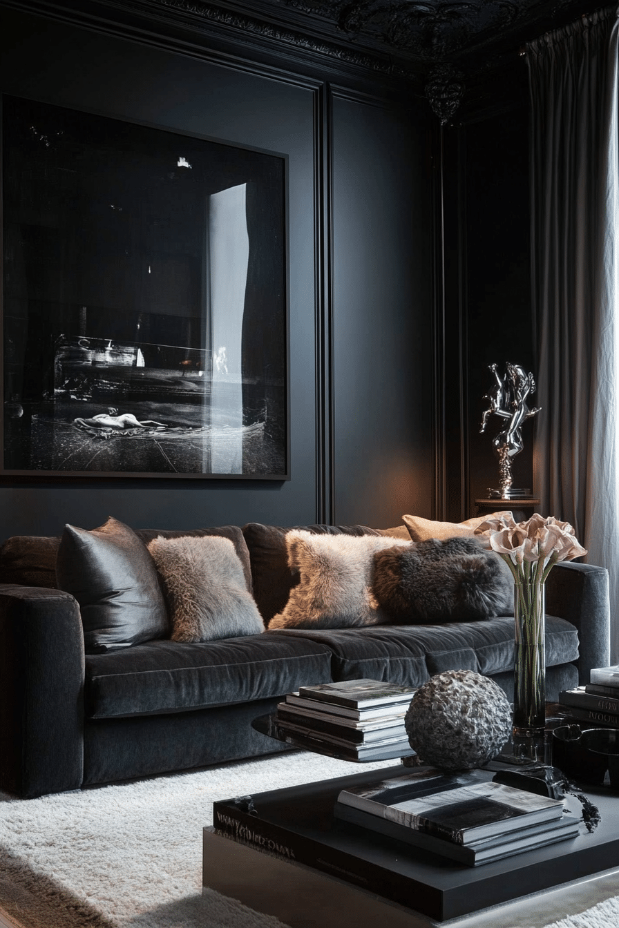 15. High-Gloss Urban Chic (Black Living Room Ideas) - Black Living Room Ideas