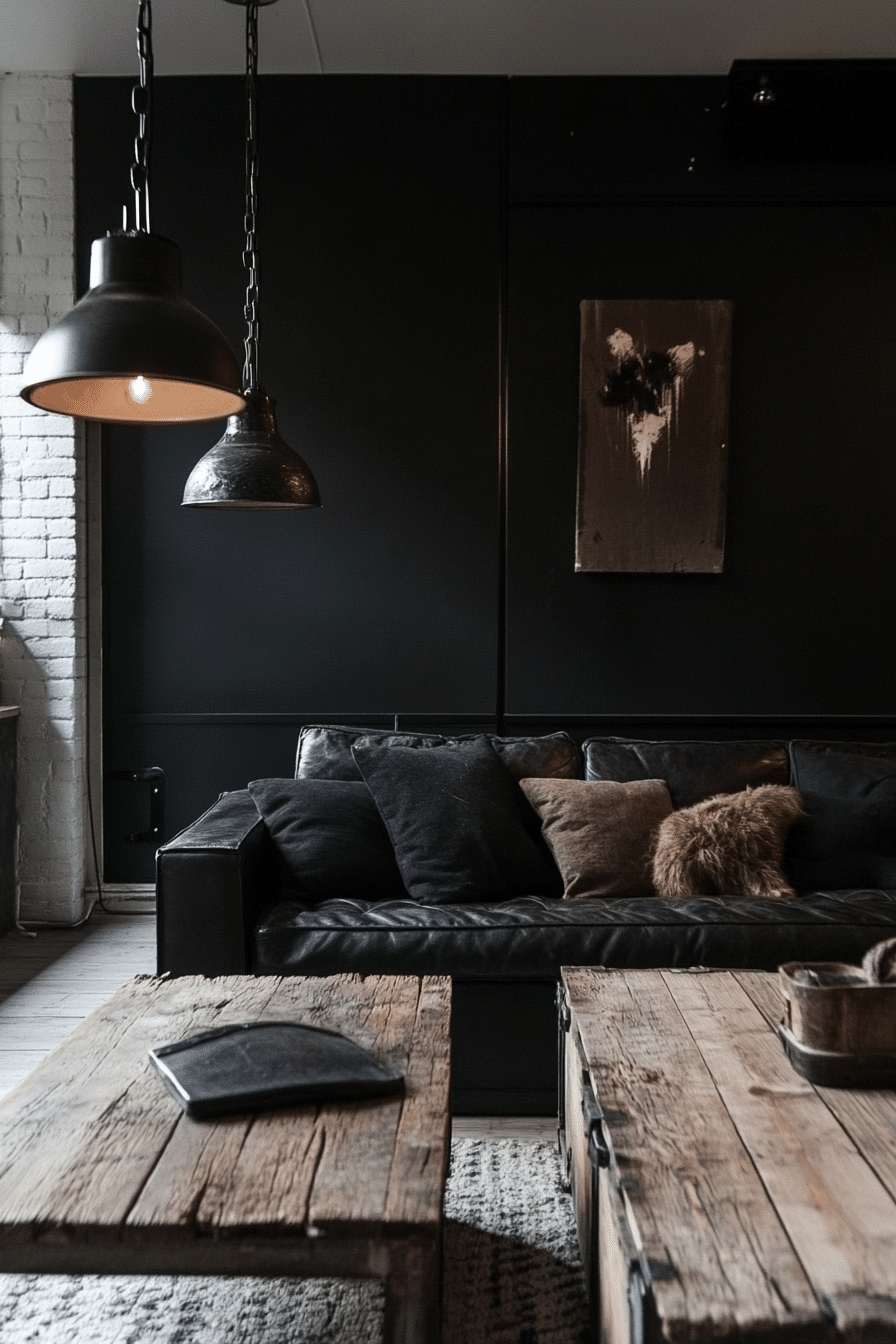 20. Industrial Black with Rustic Touches (Black Living Room Ideas) - Black Living Room Ideas