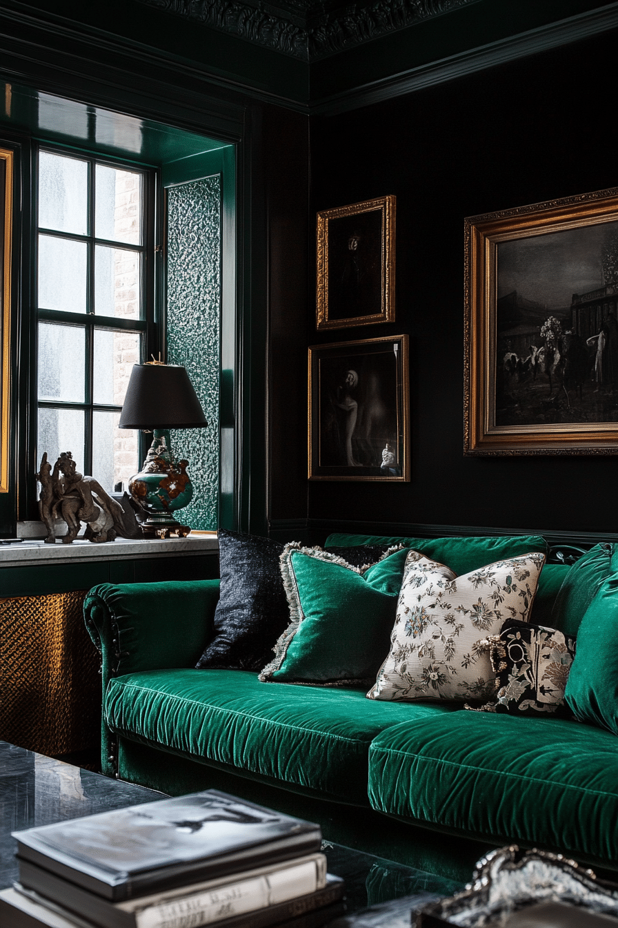 21. Bold Black and Jewel Tones (Black Living Room Ideas) - Black Living Room Ideas