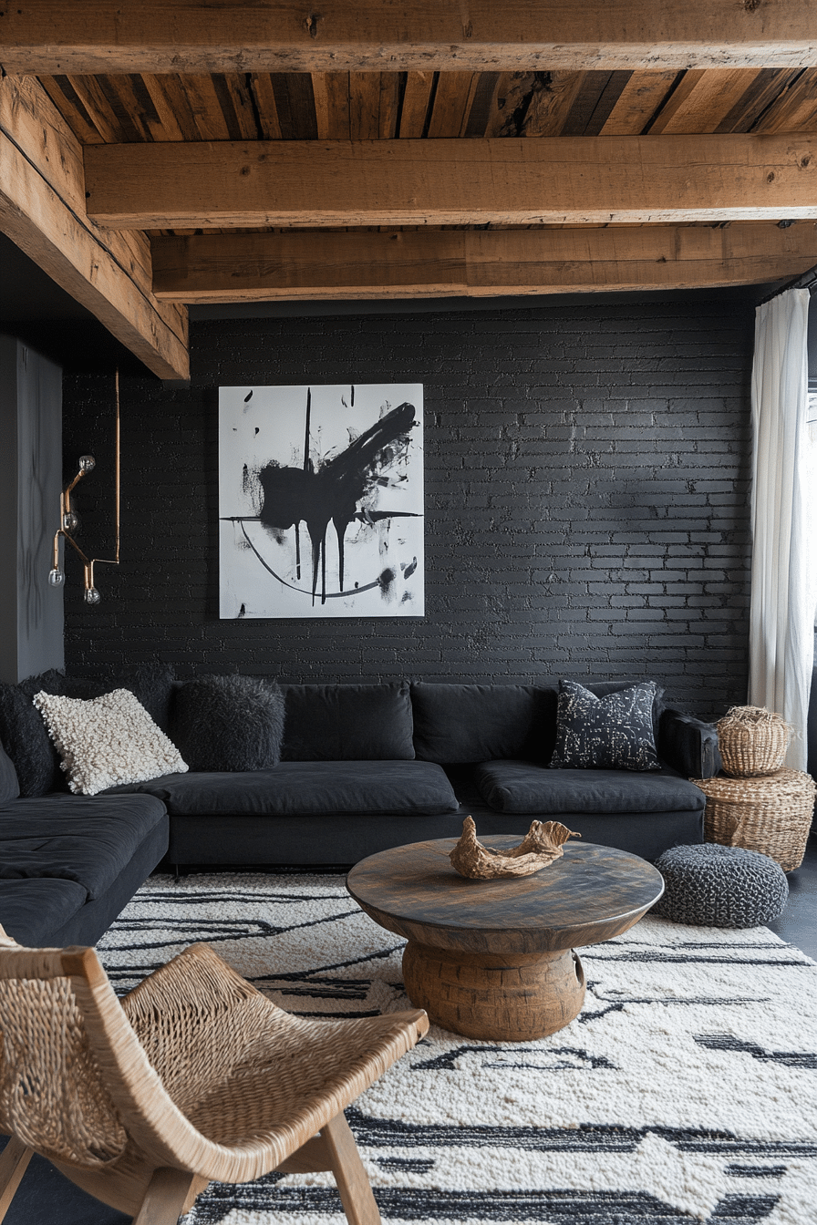24. Contemporary Rustic Fusion (Black Living Room Ideas) - Black Living Room Ideas