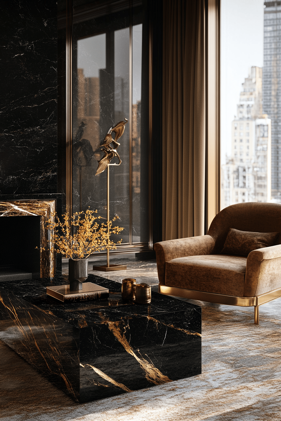 27. Black Marble Sophistication (Black Living Room Ideas) - Black Living Room Ideas