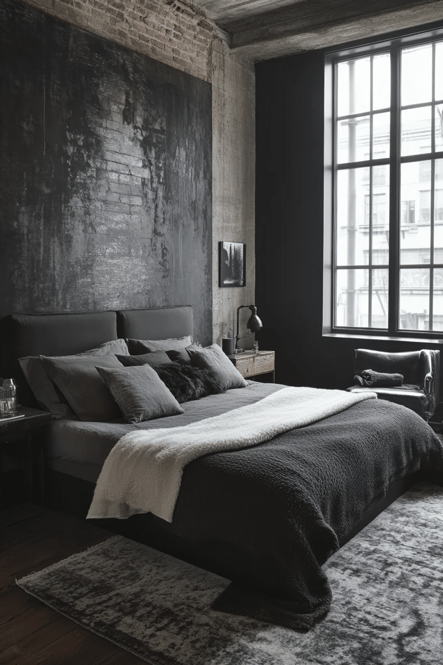 1. Industrial Charcoal Loft (Grayscale Bedroom Ideas) - Grayscale Bedroom Ideas