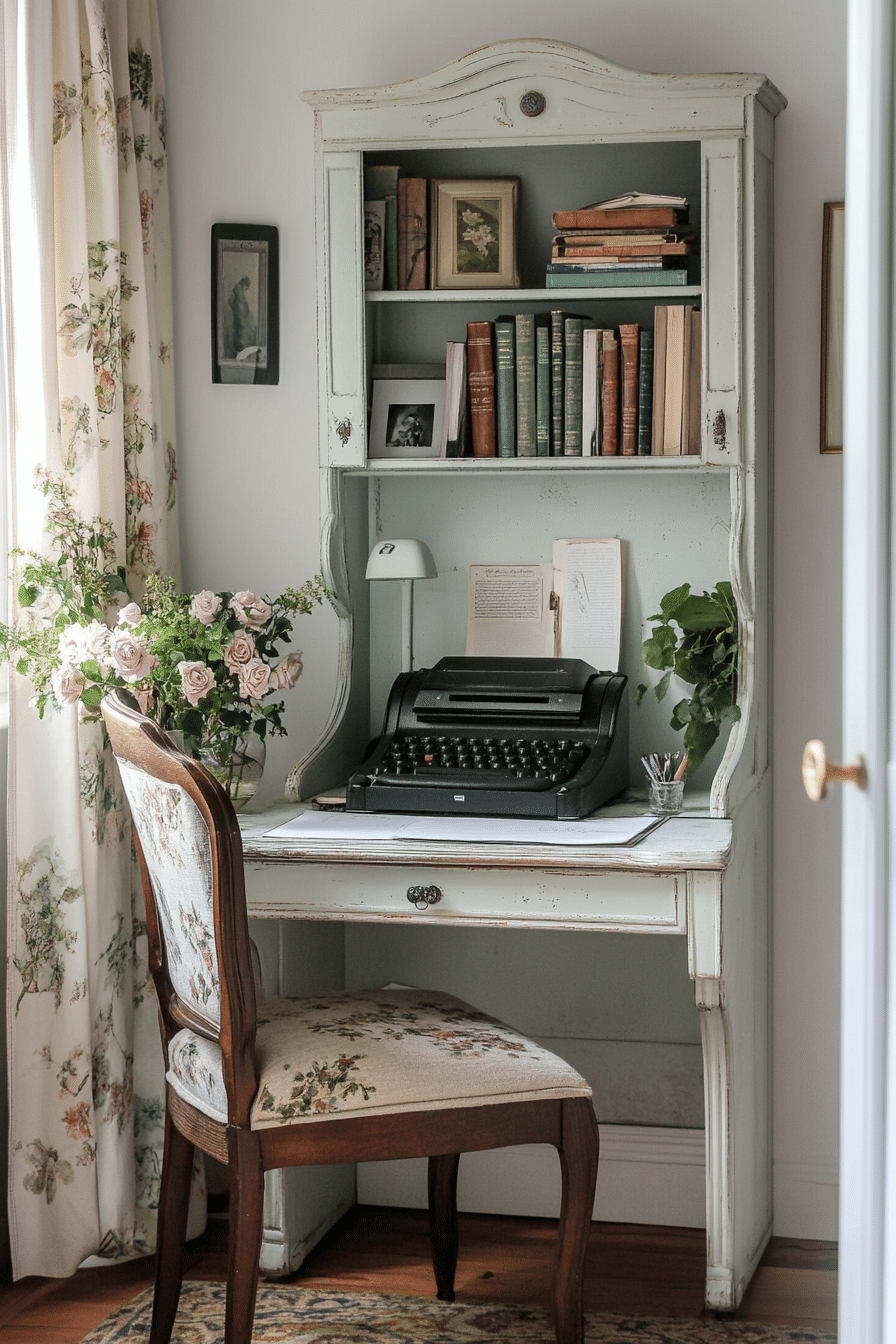 9. Cottagecore Desk Nook (Tiny Office Space Ideas) - Tiny Office Space Ideas