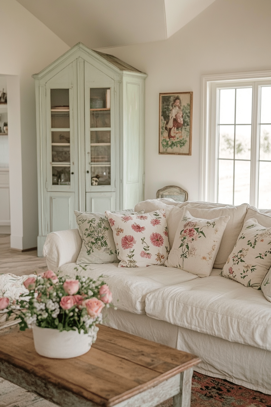 14. Cottagecore Cozy Corner (Cream Couch Living Room Ideas) - Cream Couch Living Room Ideas