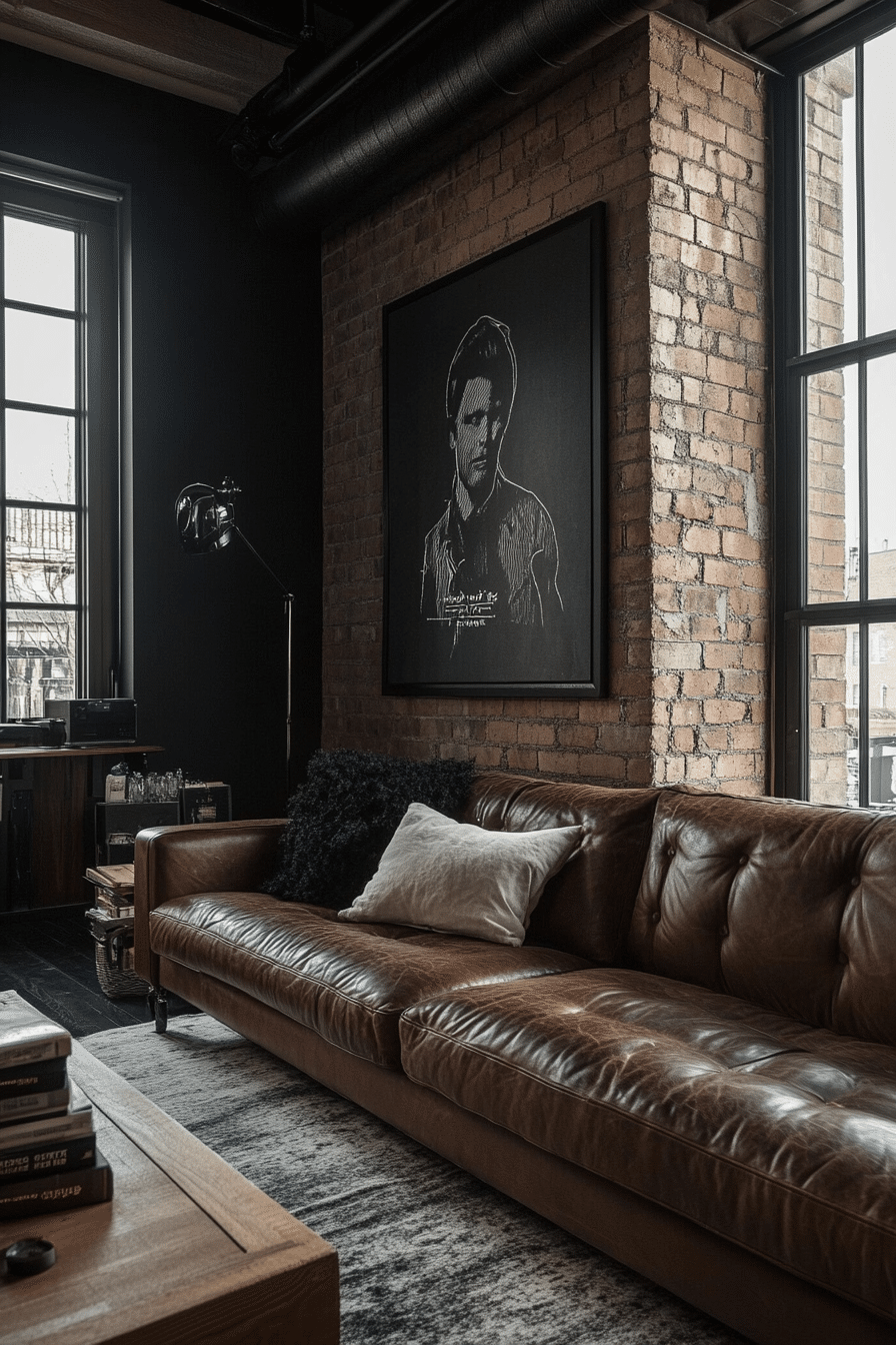 7. Black Brick Sophistication (Industrial Living Room Ideas) - Industrial Living Room Ideas
