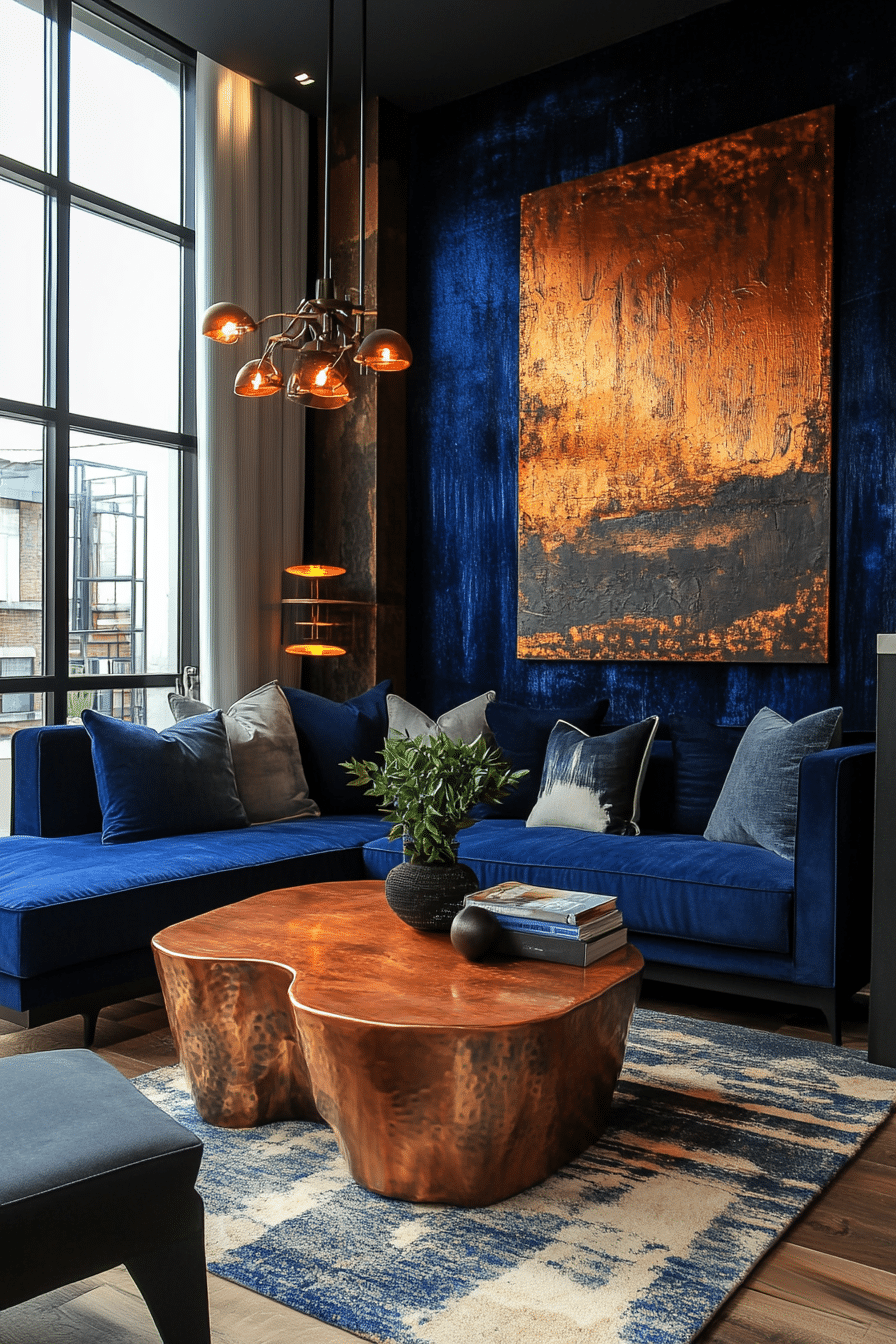 23. Cobalt & Copper Combo (Industrial Living Room Ideas) - Industrial Living Room Ideas