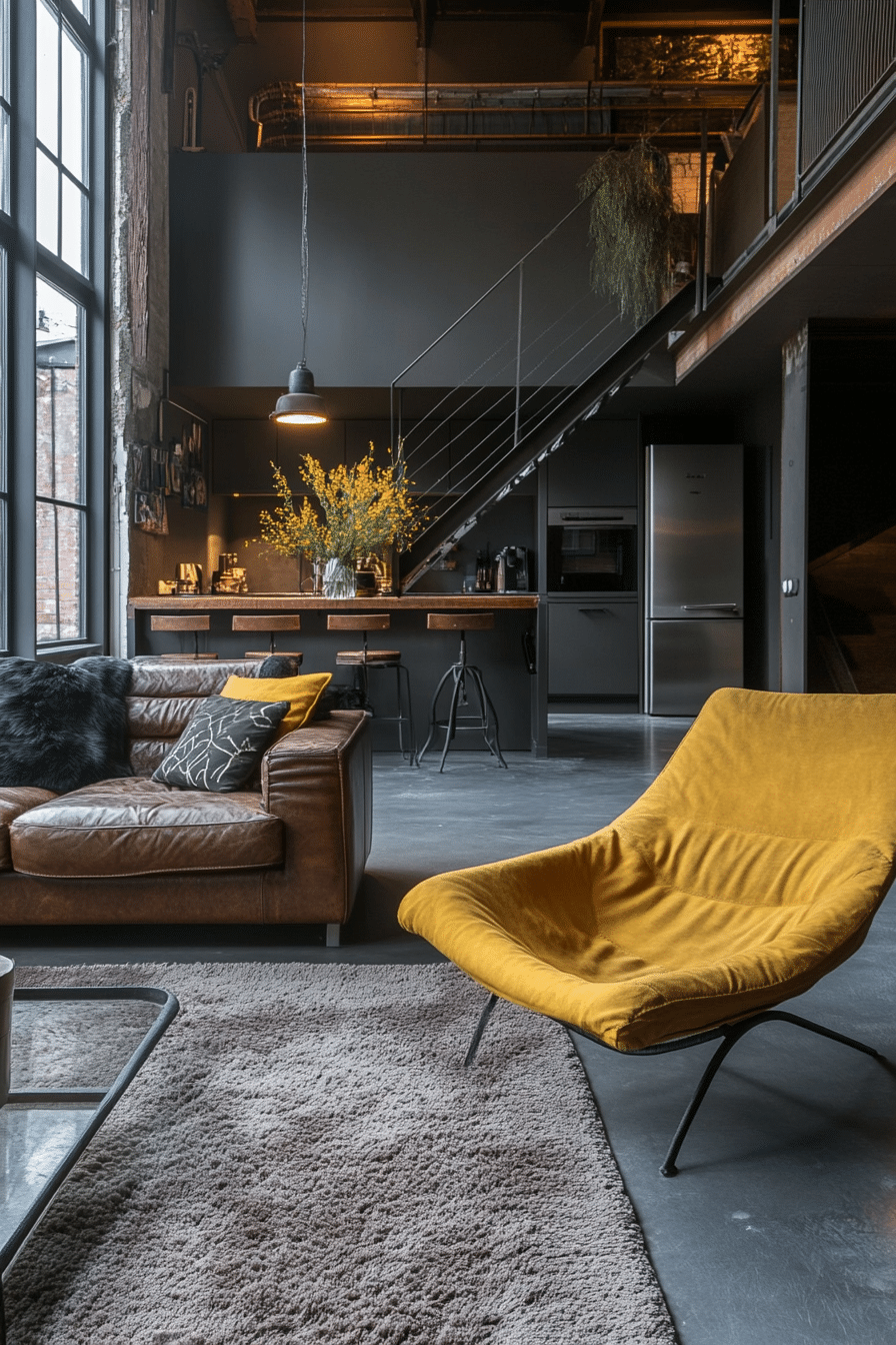25. Charcoal & Mustard Accent (Industrial Living Room Ideas) - Industrial Living Room Ideas