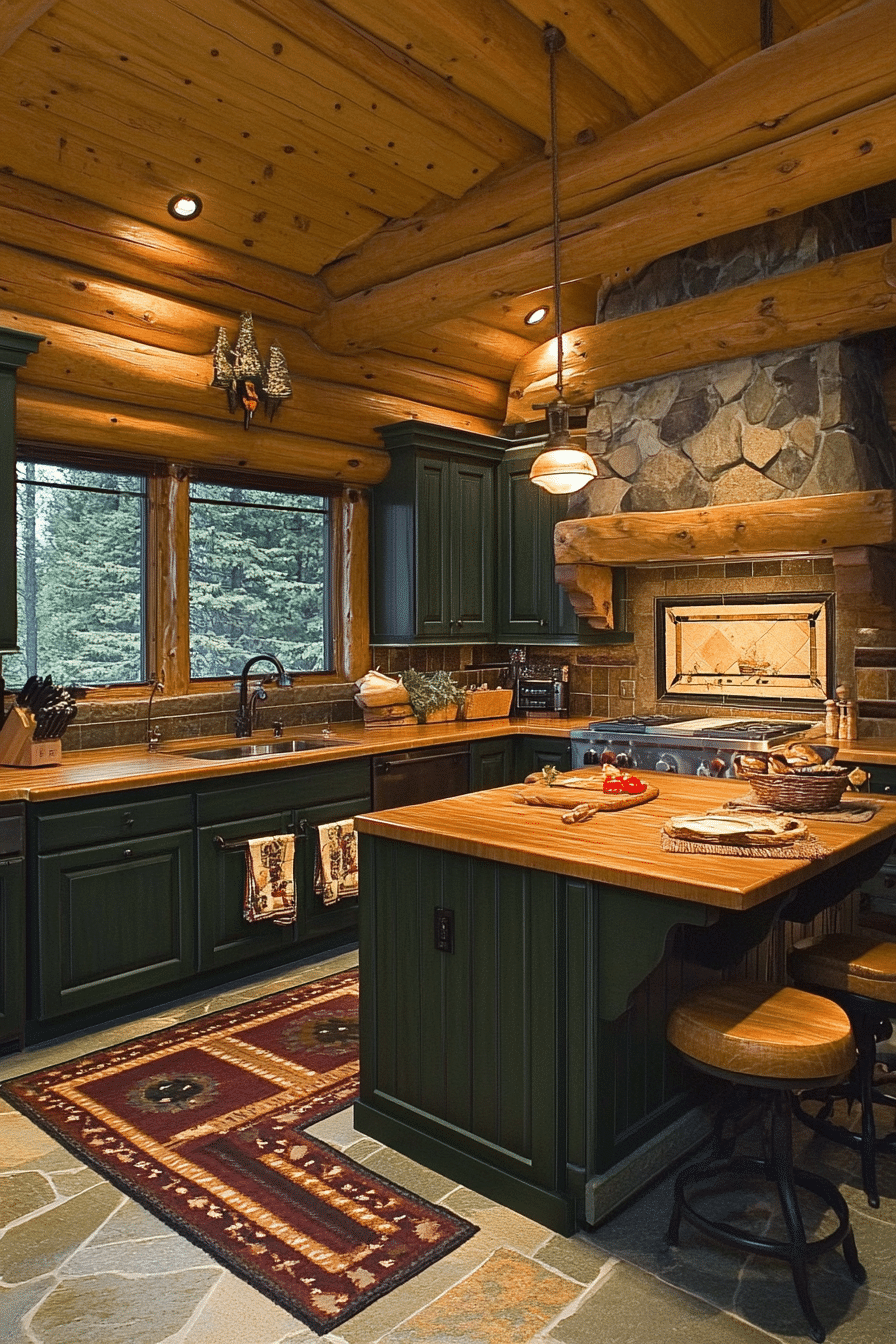12. Forest Green Haven (Log House Kitchen Ideas) - Log House Kitchen Ideas