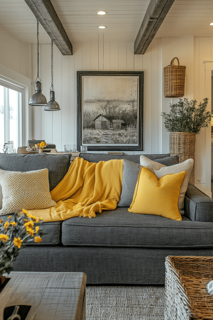 6. Rustic Farmhouse Warmth (Yellow And Grey Living Room Ideas) - Yellow And Grey Living Room Ideas