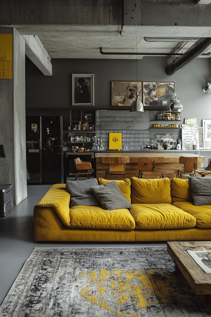 18. Industrial Chic Comfort (Yellow And Grey Living Room Ideas) - Yellow And Grey Living Room Ideas