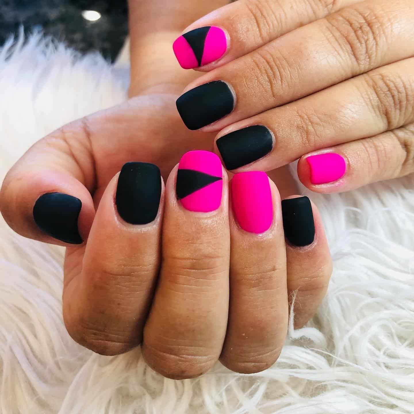 2. Matte Pink and Black Geometrics - hot pink and black nail ideas