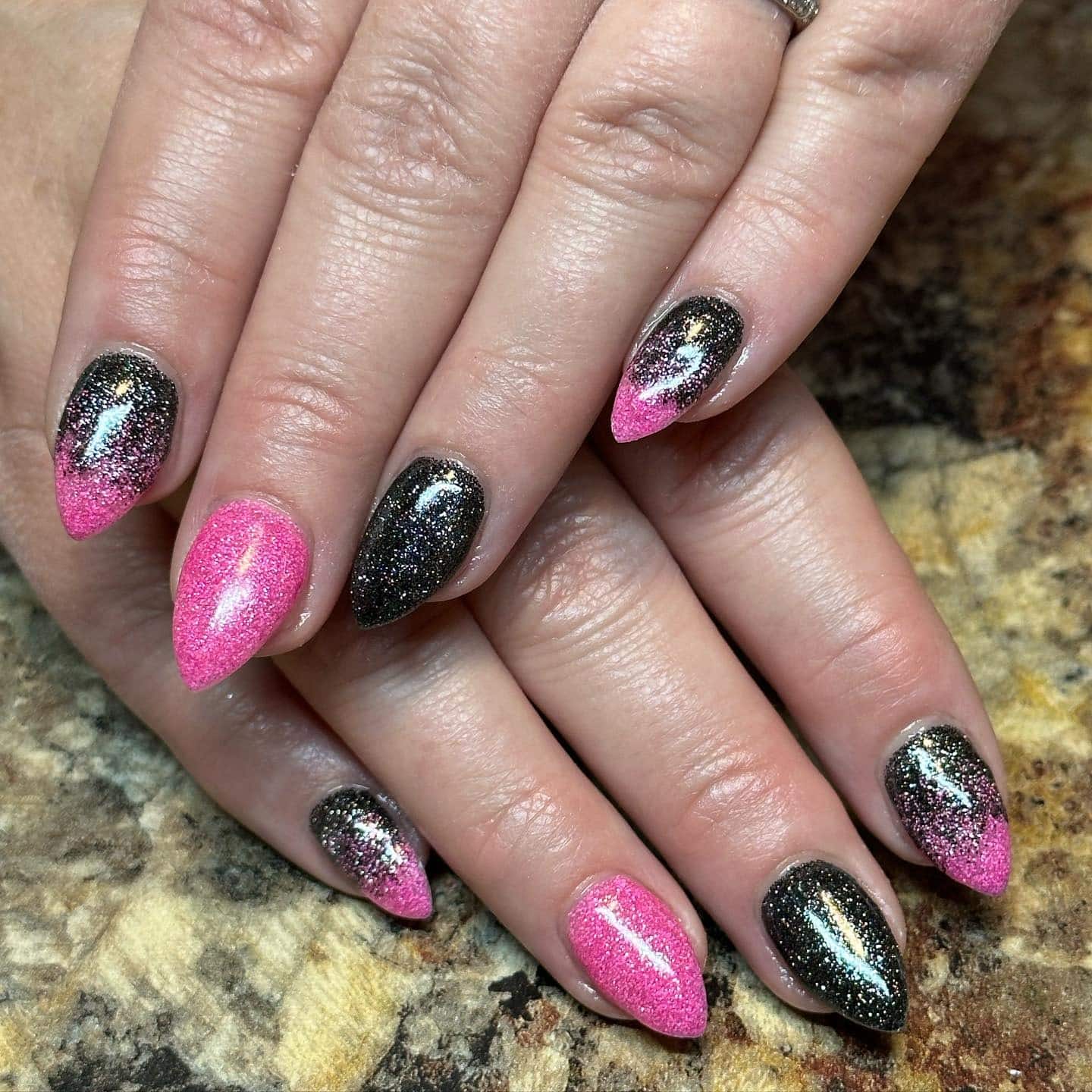 8. Pink and Black Glitter Gradient - hot pink and black nail ideas