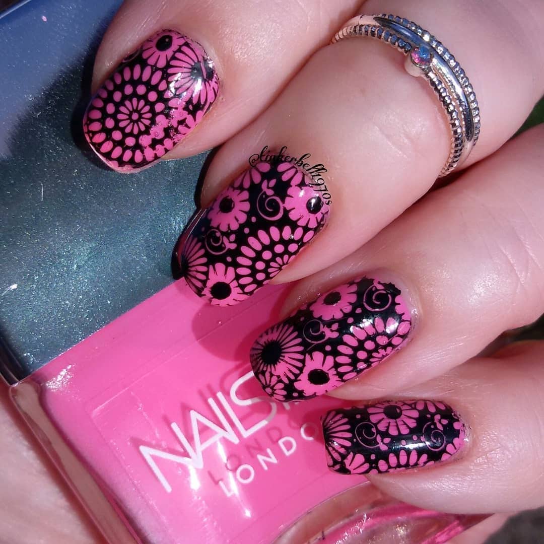 9. Floral Pink and Black Stamp Art - hot pink and black nail ideas